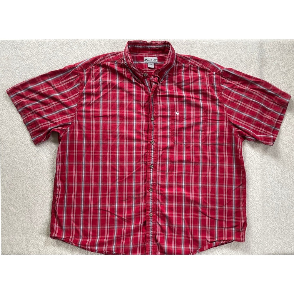 Carhartt Mens 2XL Short Sleeve Button Down Shirt Red Plaid S206 CRI‎ Stains
